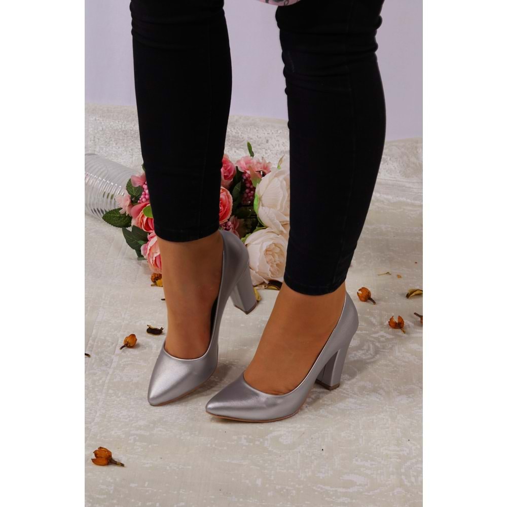 Konfores 922 Bayan Kalın Topuklu Stiletto Ayakkabı - NKT00922-gümüş-37
