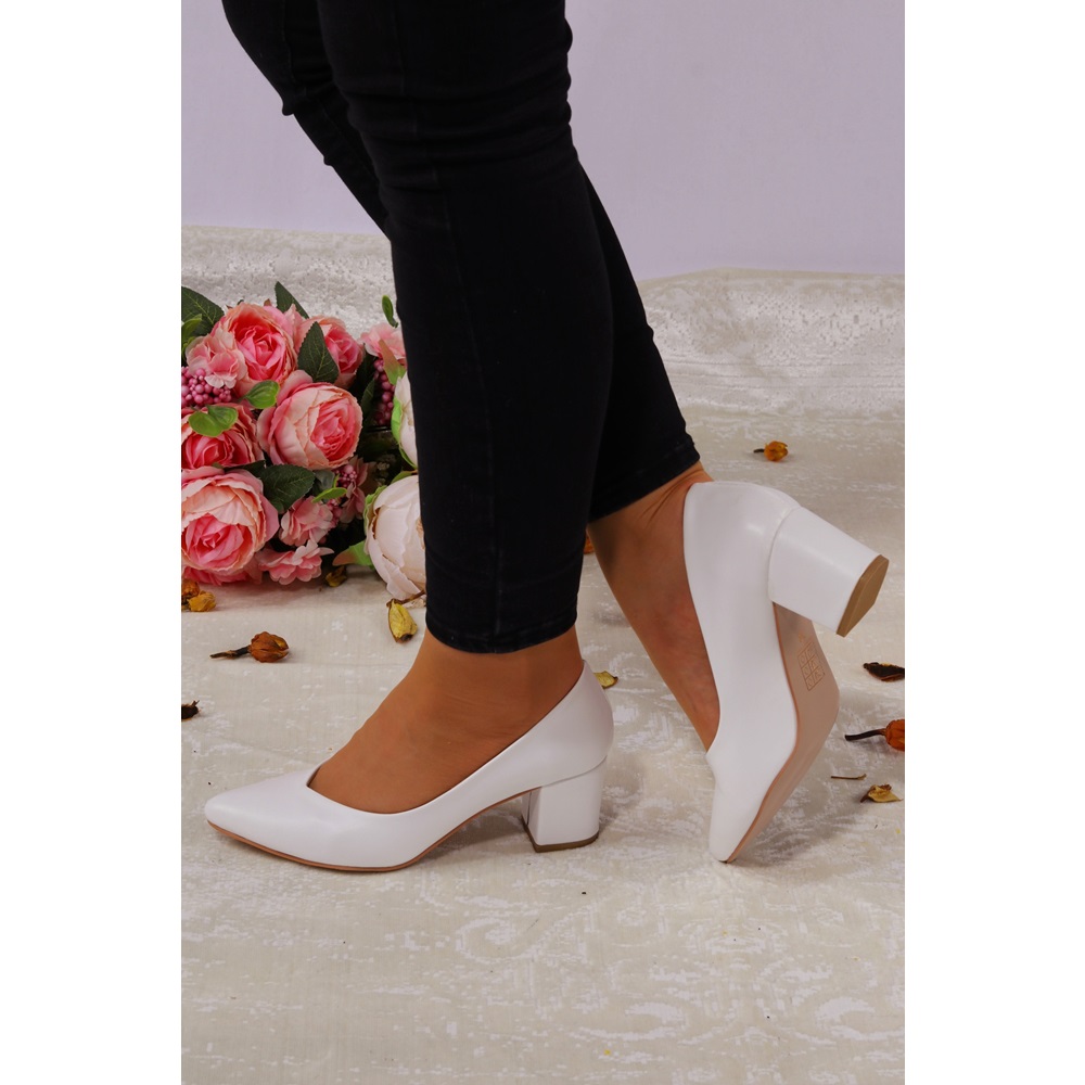 Konfores 923 Bayan Kalın Topuklu Stiletto Ayakkabı - NKT00923-BEYAZ-39