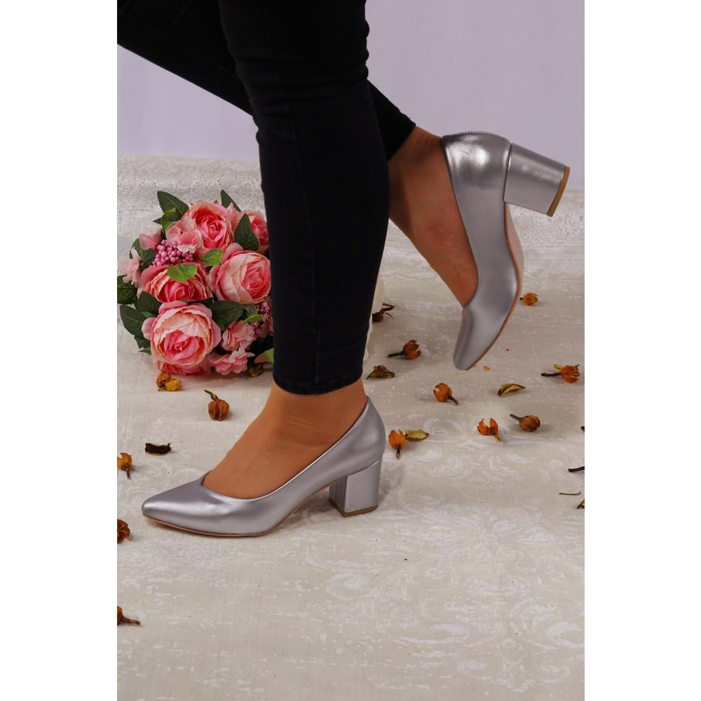 Konfores 923 Bayan Kalın Topuklu Stiletto Ayakkabı - NKT00923-gümüş-39