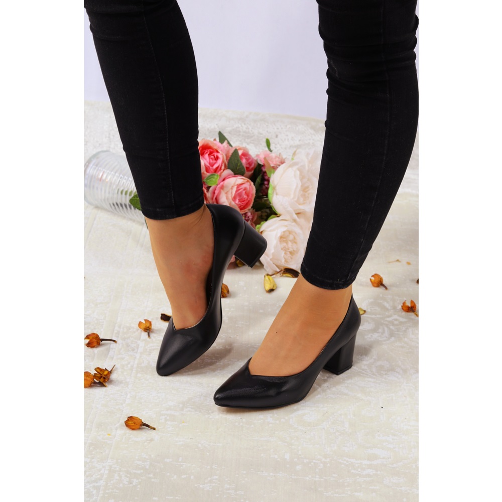 Konfores 923 Bayan Kalın Topuklu Stiletto Ayakkabı - NKT00923-siyah baskılı-37