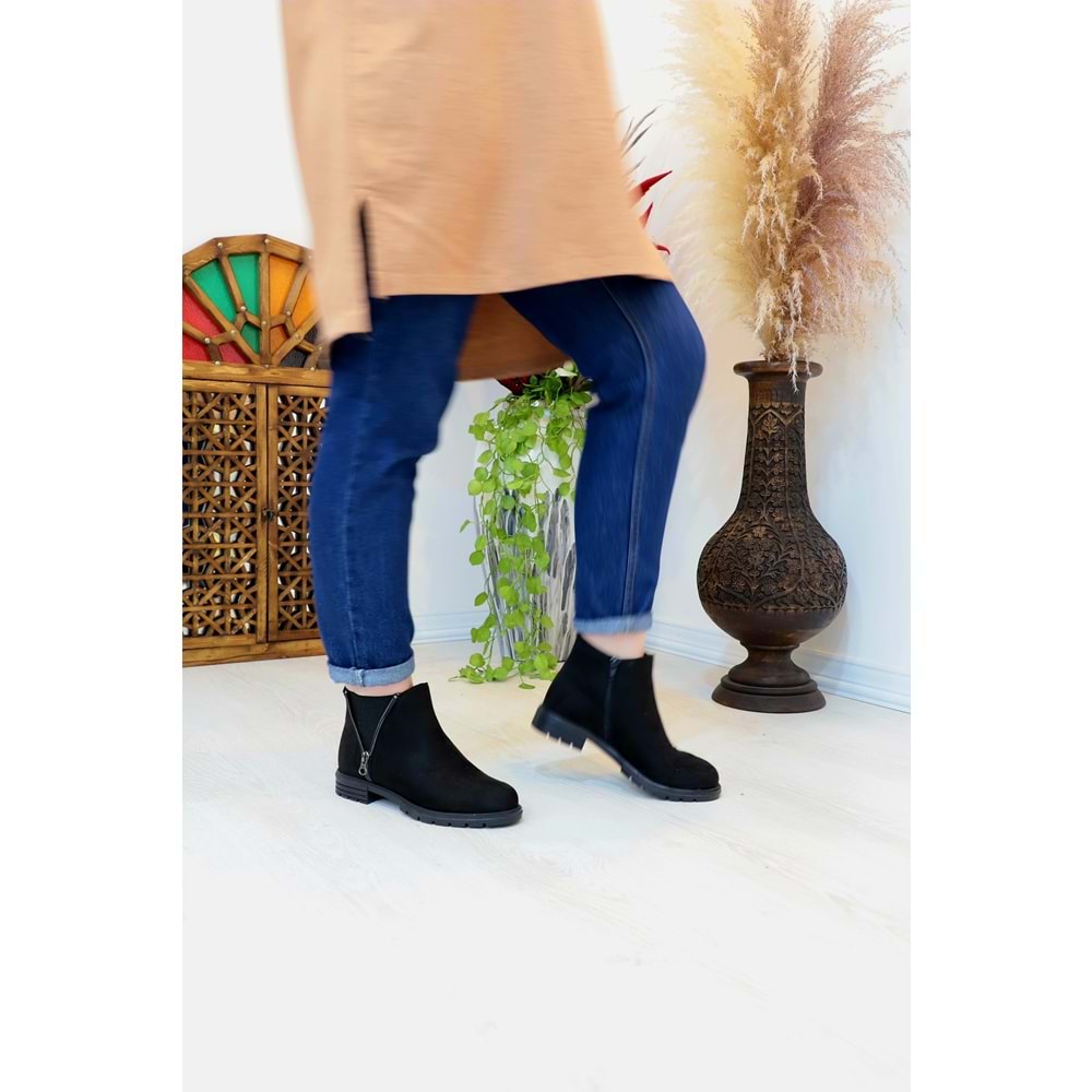 Konfores 1409 Kauçuk Tabanlı Bayan Düz Tabanlı Bot - NKT01409-siyah nubuk-40