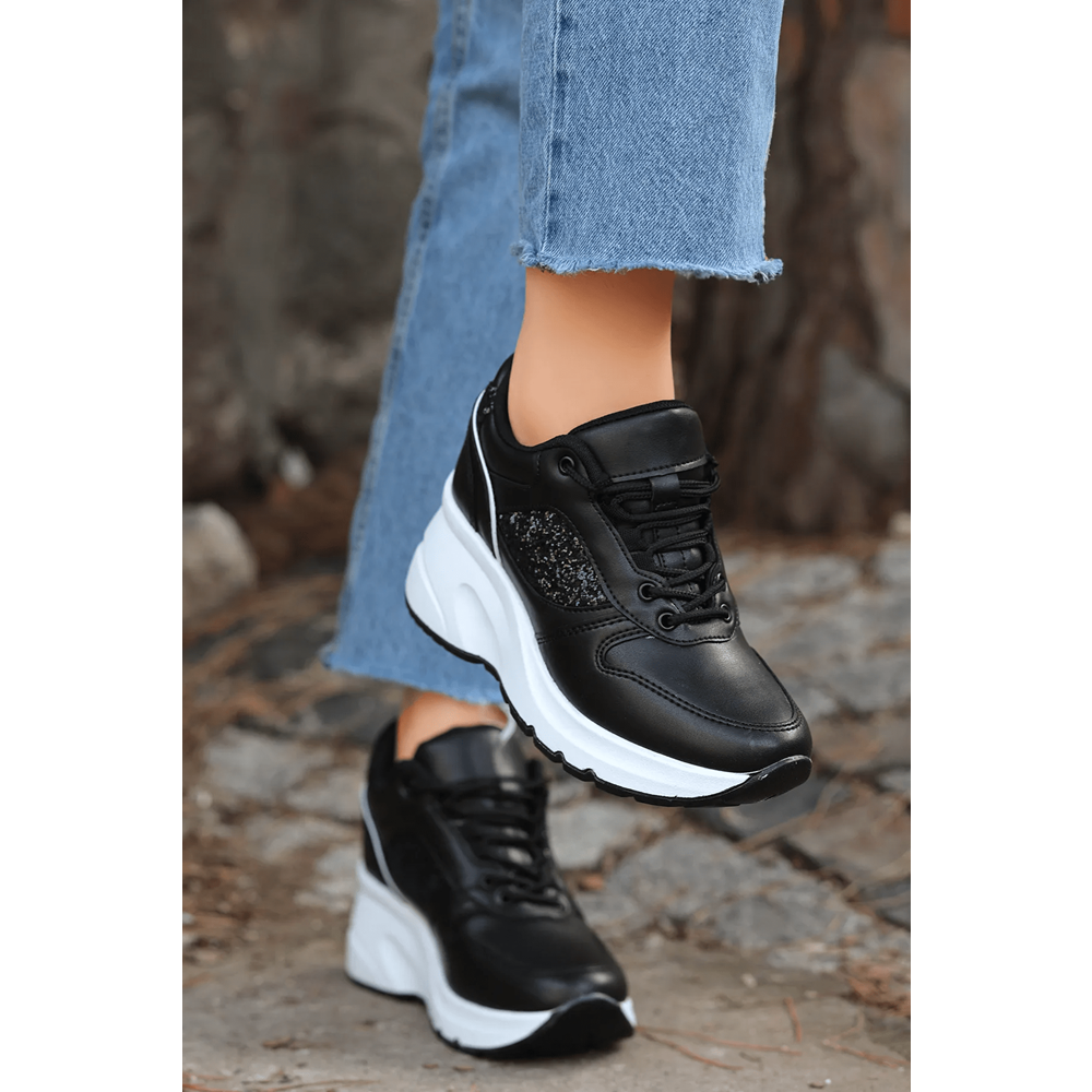 Konfores 2070 Anatomik Dolgu Tabanlı Kadın Sneakers Ayakkabı - NKT02070-siyah beyaz-39