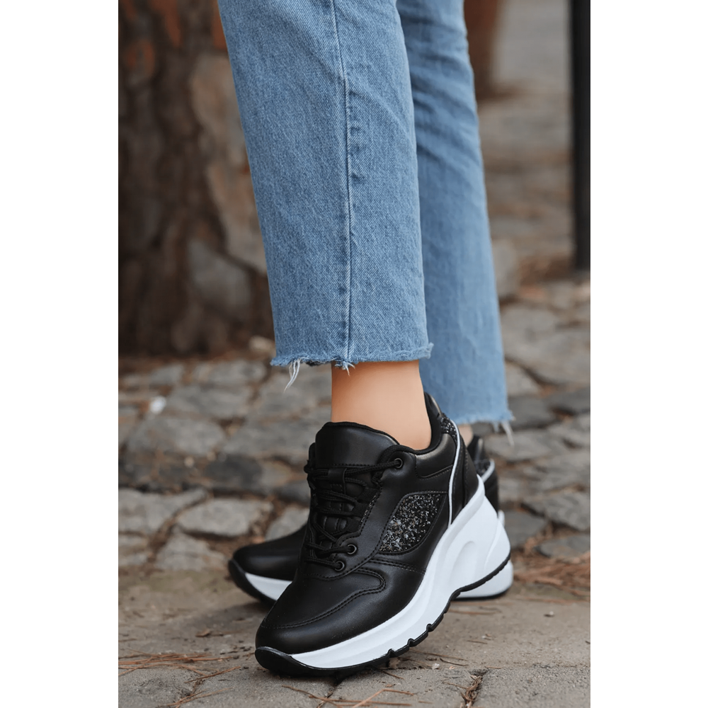Konfores 2070 Anatomik Dolgu Tabanlı Kadın Sneakers Ayakkabı - NKT02070-siyah beyaz-39