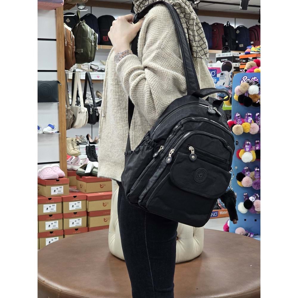 My Polo 2114-8675 Kadın Krinkıl Kumaş Çok Gözlü Astarlı Petli Su Geçirmez Günlük Mini Sırt Çantası - NKT02114-siyah-TEKEBAT
