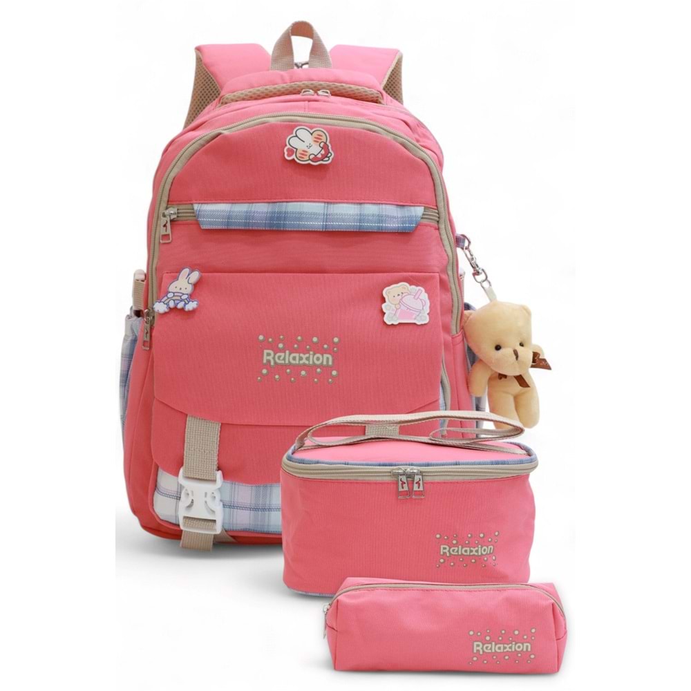 Relaxion 2144-1396 Kore Tarzı Unisex Çocuk Üçlü Set İlkokul Sırt Çantası - NKT02144-PEMBE-TEKEBAT