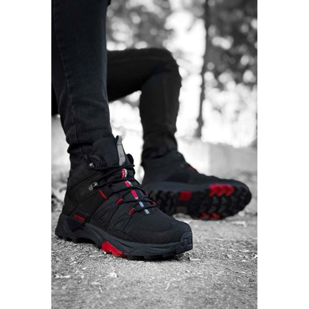 2222-Forza Anatomik Kaydırmaz Tabanlı Soft Shell Outdoor Trekking Erkek Bağcıklı Spor Bot - NKT02222-siyah-kırmızı-41
