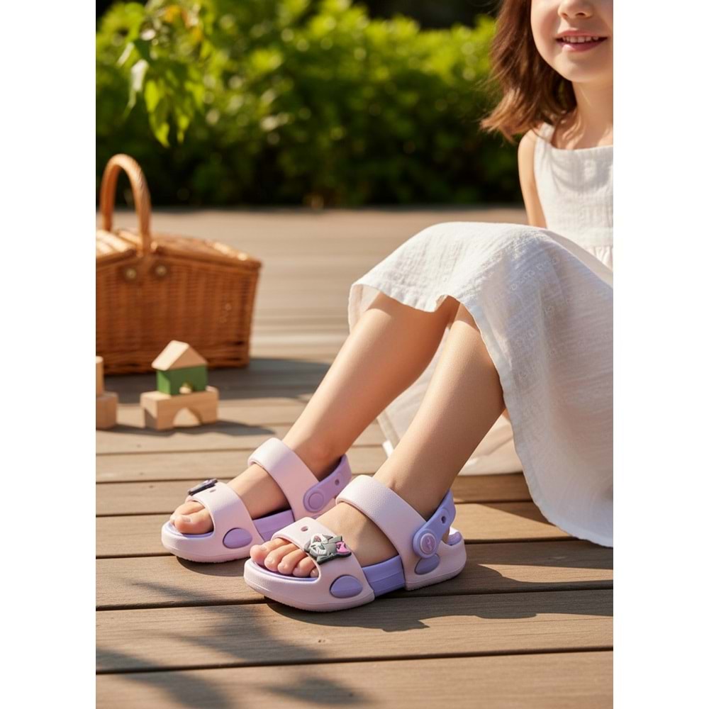 2247-Akınal Unisex Figürlü Ultra Yumuşak Esnek Kaymaz Tabanlı Çocuk Sandalet Terlik - NKT02247-PUDRA-32