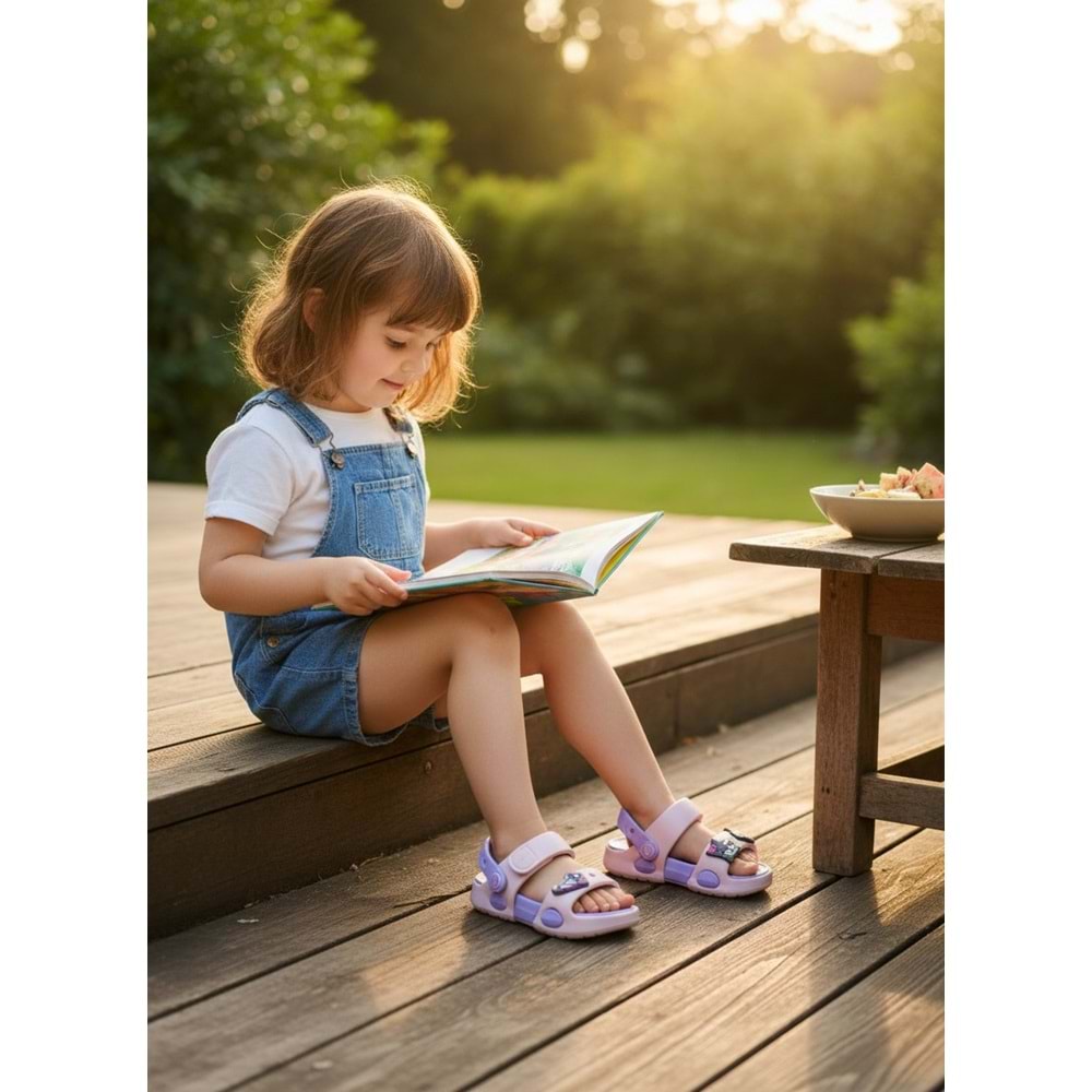2247-Akınal Unisex Figürlü Ultra Yumuşak Esnek Kaymaz Tabanlı Çocuk Sandalet Terlik - NKT02247-PUDRA-32