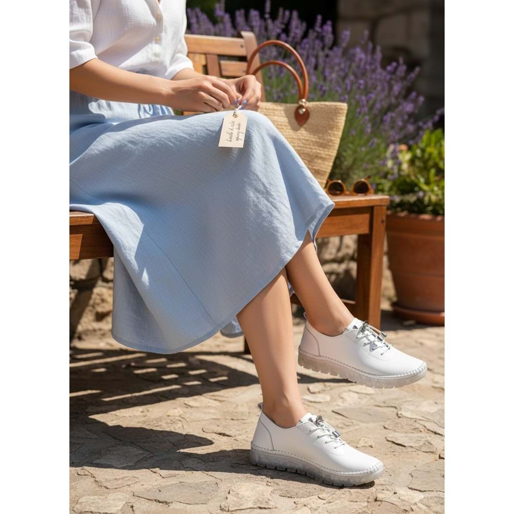 2255-Hakiki Deri Premium Kalite Anatomik Şeffaf Tabanlı Kadın Günlük Ayakkabı - NKT02255-BEYAZ-38