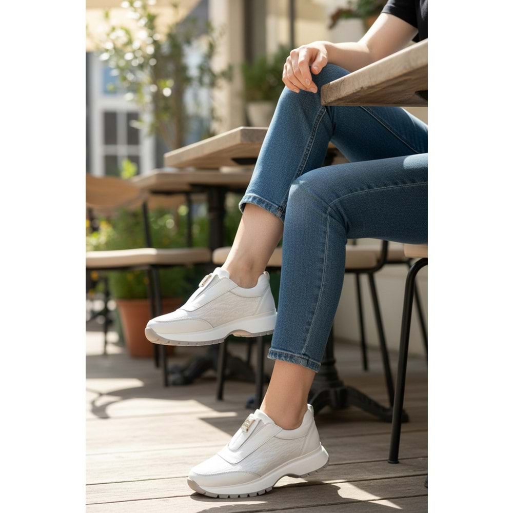 Konfores 1965-273061 Hakiki Deri Anatomik Tabanlı Kadın Sneakers Ayakkabı - NKT01965-BEYAZ-37