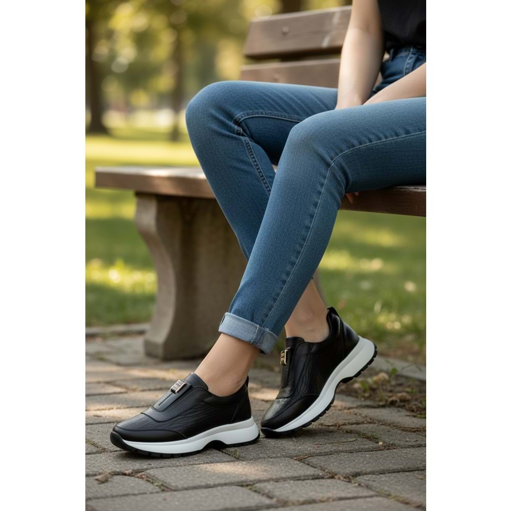Konfores 1965-273061 Hakiki Deri Anatomik Tabanlı Kadın Sneakers Ayakkabı - NKT01965-siyah beyaz-37