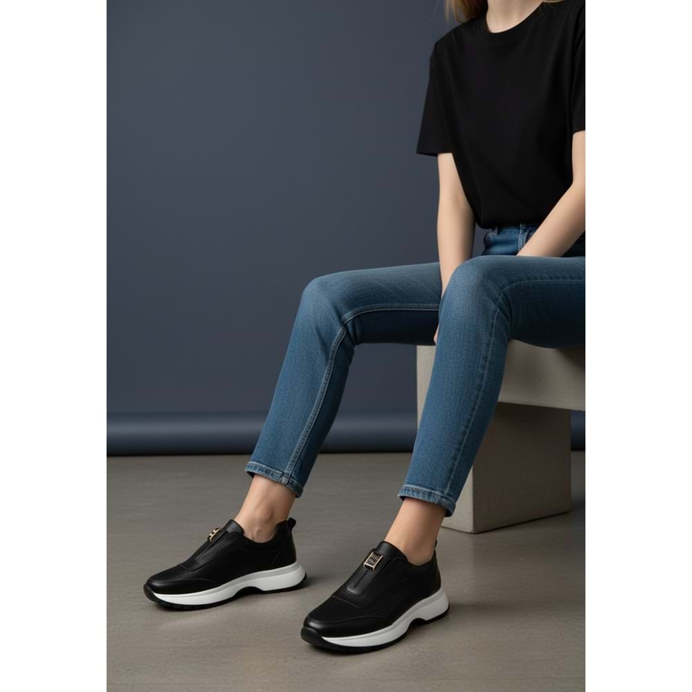 Konfores 1965-273061 Hakiki Deri Anatomik Tabanlı Kadın Sneakers Ayakkabı - NKT01965-siyah beyaz-37