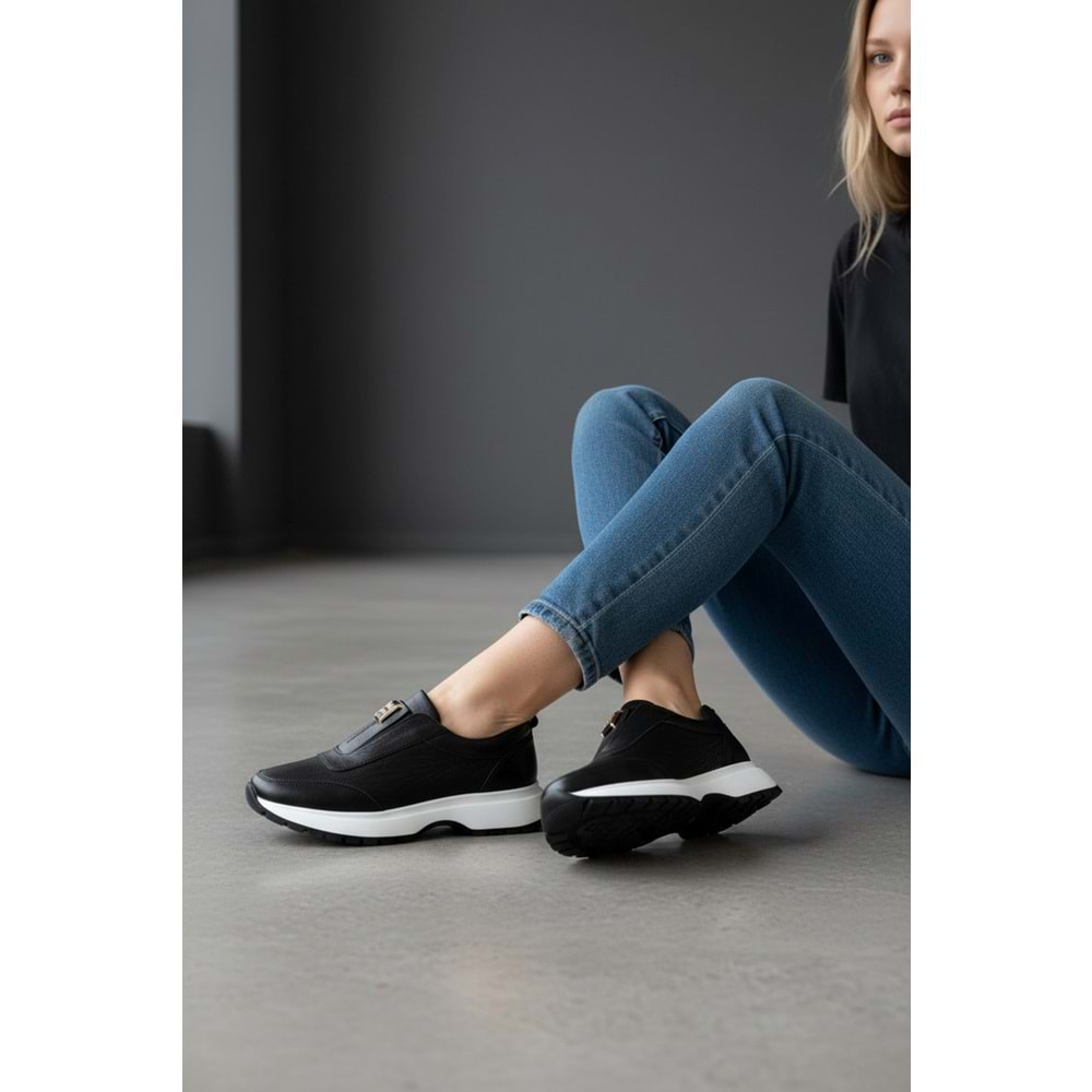 Konfores 1965-273061 Hakiki Deri Anatomik Tabanlı Kadın Sneakers Ayakkabı - NKT01965-siyah beyaz-37