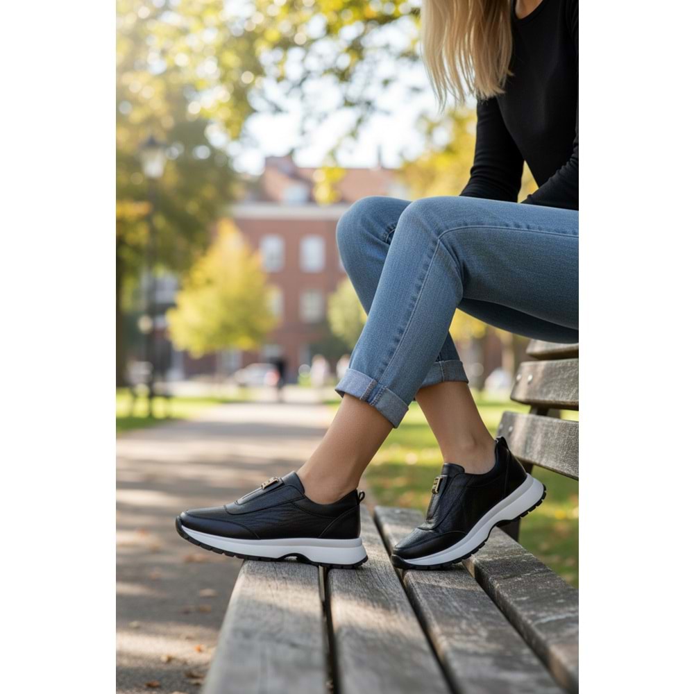 Konfores 1965-273061 Hakiki Deri Anatomik Tabanlı Kadın Sneakers Ayakkabı - NKT01965-siyah beyaz-37
