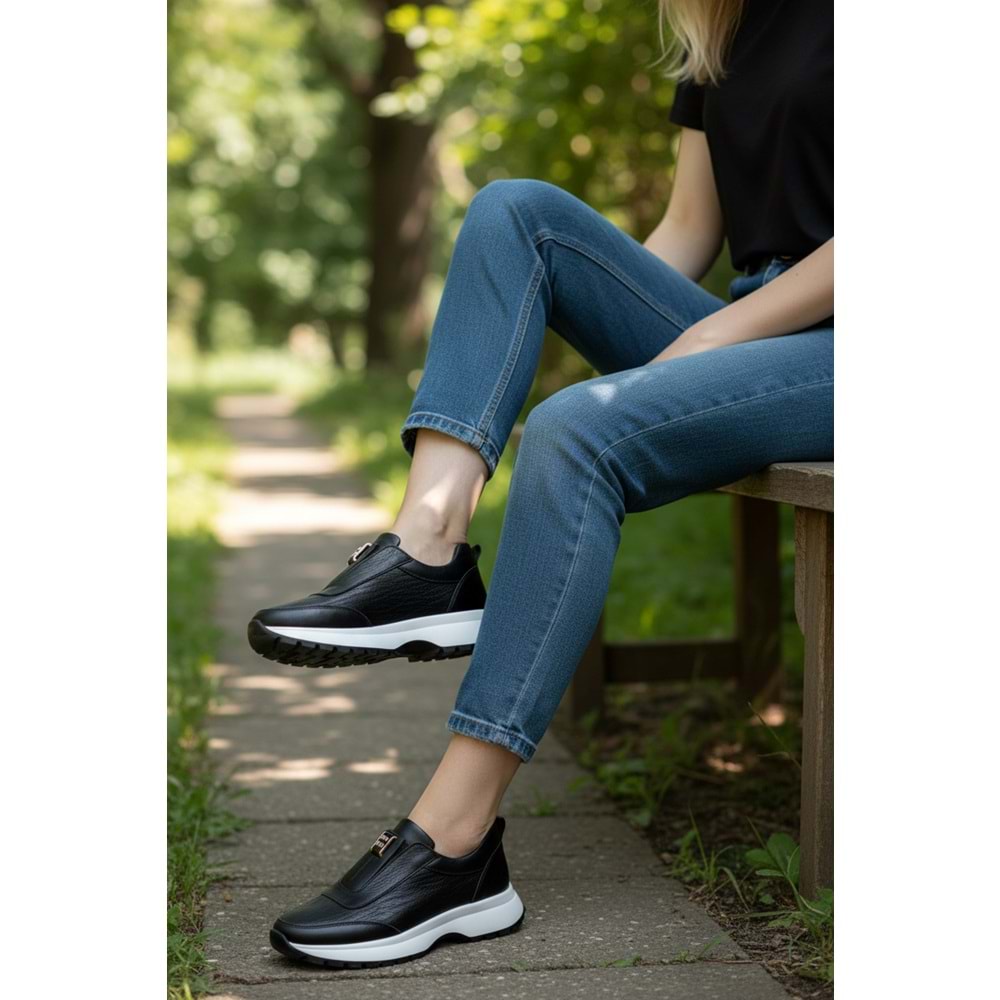 Konfores 1965-273061 Hakiki Deri Anatomik Tabanlı Kadın Sneakers Ayakkabı - NKT01965-siyah beyaz-37