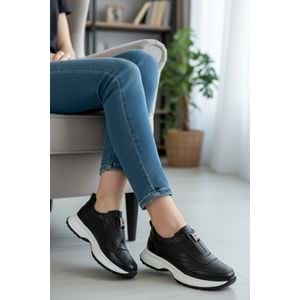 Konfores 1965-273061 Hakiki Deri Anatomik Tabanlı Kadın Sneakers Ayakkabı - NKT01965-siyah beyaz-37