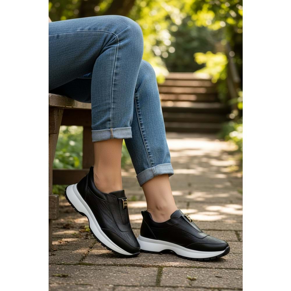 Konfores 1965-273061 Hakiki Deri Anatomik Tabanlı Kadın Sneakers Ayakkabı - NKT01965-siyah beyaz-39