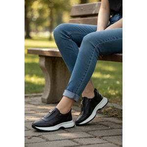 Konfores 1965-273061 Hakiki Deri Anatomik Tabanlı Kadın Sneakers Ayakkabı - NKT01965-siyah beyaz-39