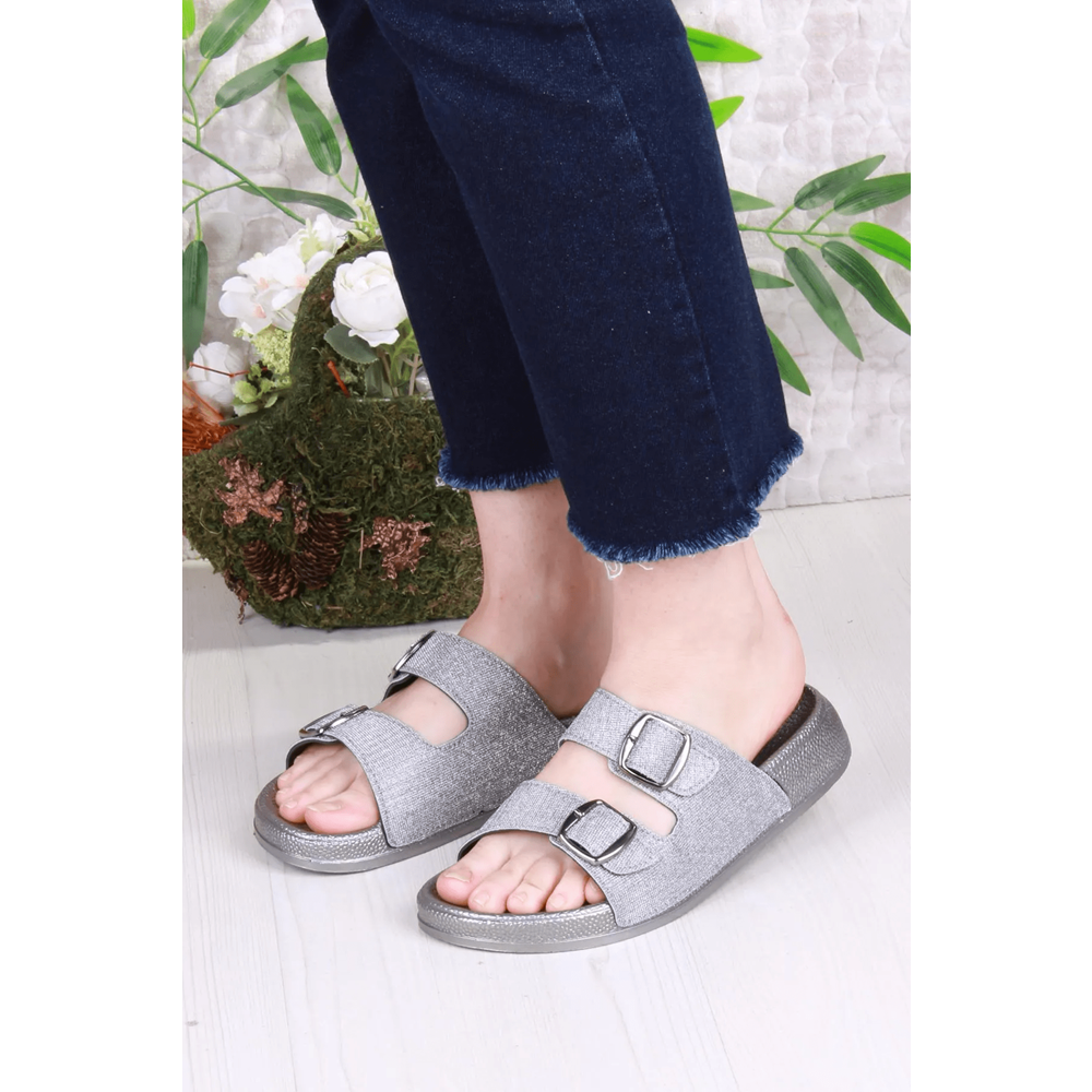 Pien-2150 Ayarlanabilir Çift Tokalı Ekstra Yumuşak Anatomik Tabanlı Kadın Terlik - NKT02150-gri-36