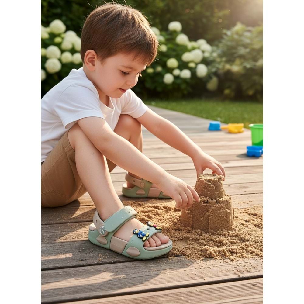 2247-Akınal Unisex Figürlü Ultra Yumuşak Esnek Kaymaz Tabanlı Çocuk Sandalet Terlik - NKT02247-yeşil-32